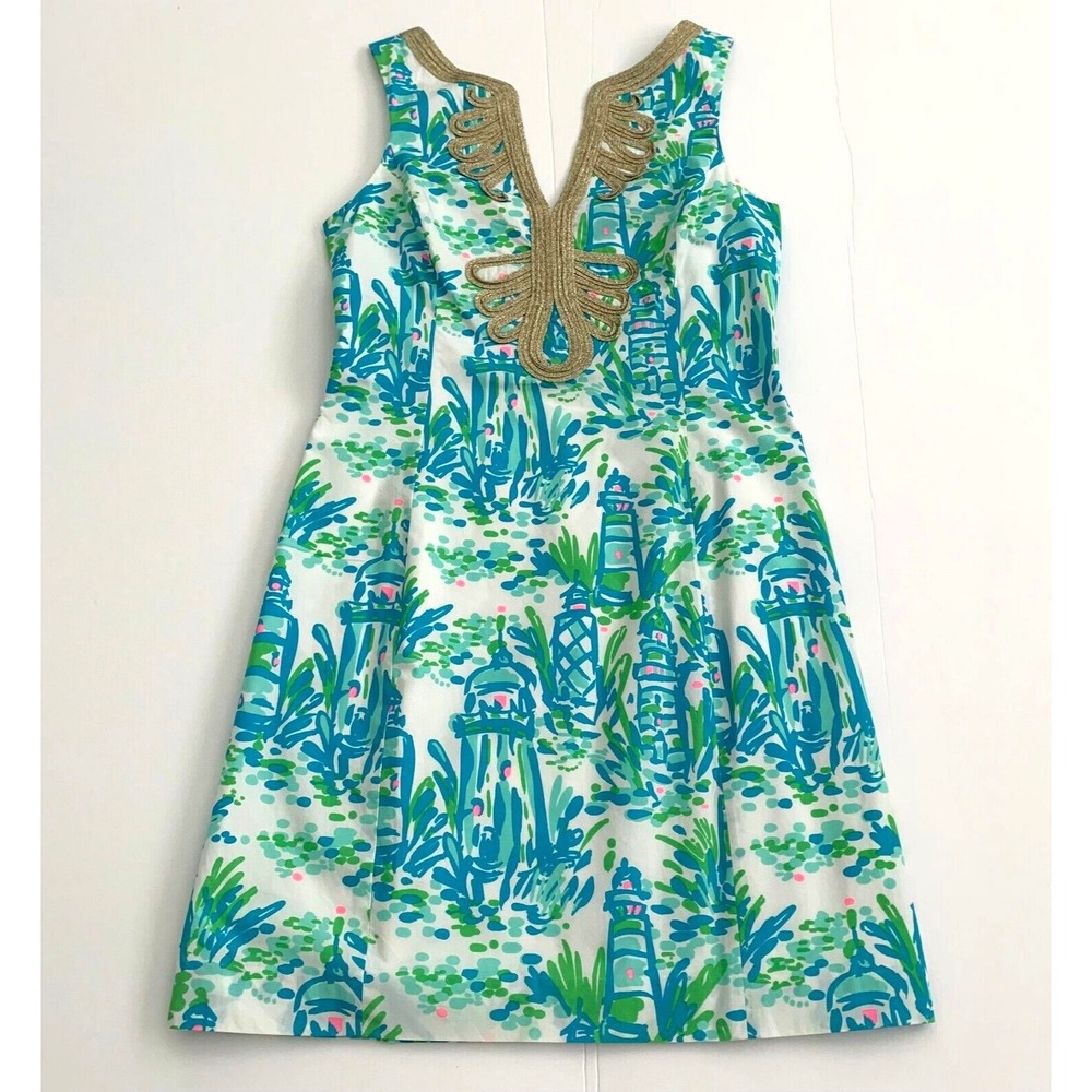 Lilly Pulitzer Janice Shift Dress High Beams sz 2 Lighthouses Gold Metallic Trim